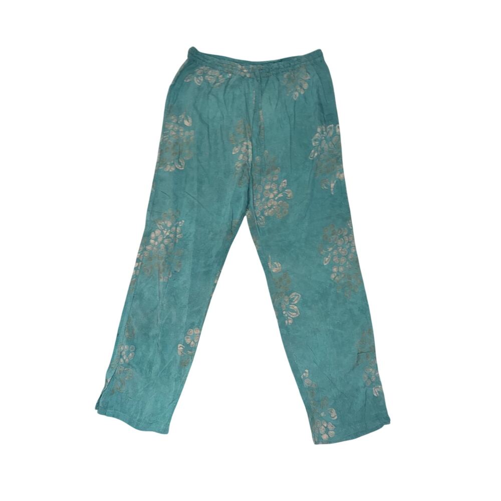 Vintage Brownstone studio rayon teal blue drawstring pants floral print large